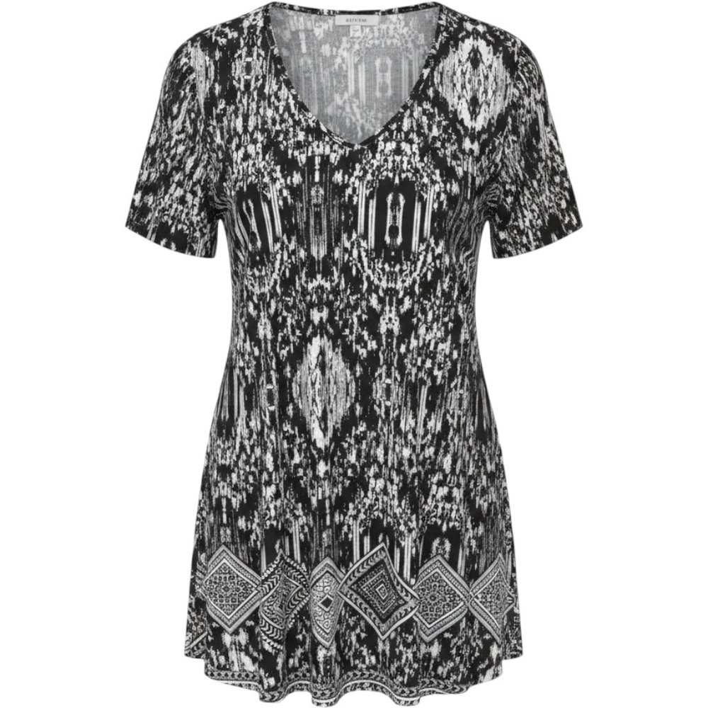 Cato Handkerchief Hem Black White Batik Print Tunic Silver Accent 22/24